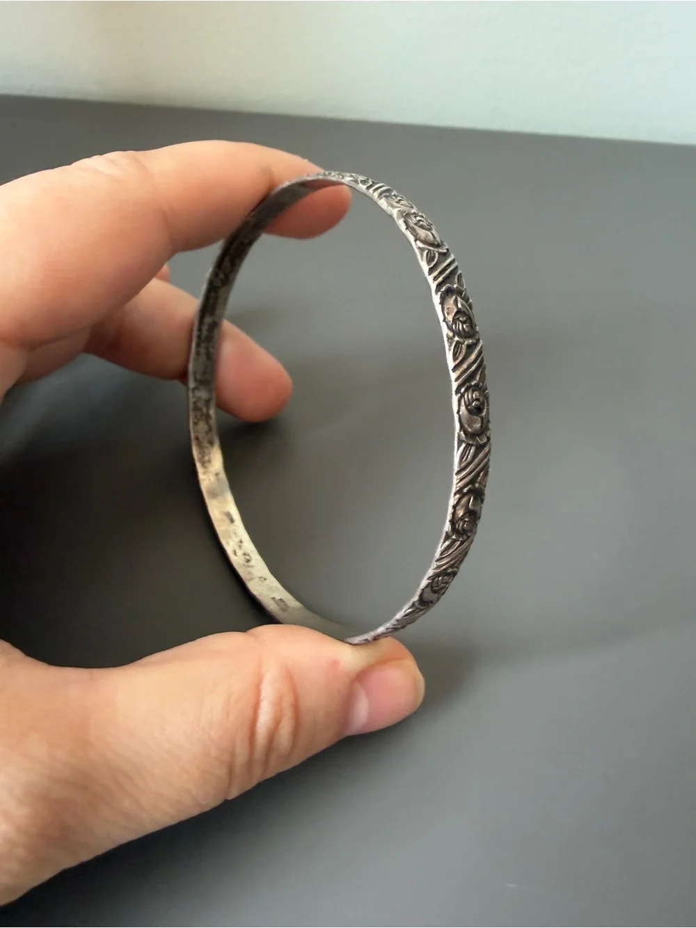 Beau Sterling Floral Rose Bangle Bracelet Vintage Etched Hingeless Slip-On